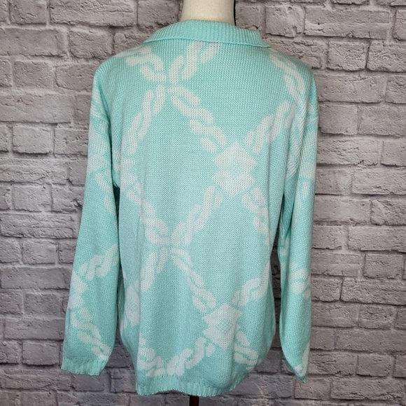 Domani Vintage Sweater Aqua White Grannycore Kawaii Collared Braid Pattern - Picture 6 of 8